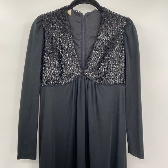 Vintage Shawn Jos 1970s Formal Gown Maxi Dress Black Sequin V Neck Womens Small - Picture 3 of 9
